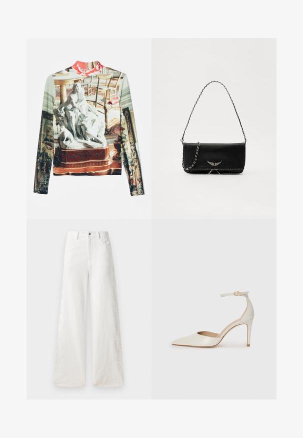 Vivienne Westwood Ilgarankovis viršutinės dalies drabužis - multi-coloured; Balti plačiaki džinsai pagaminti iš denimo, su šoninėmis siuvinėtomis dekoracijomis ir tradicija penkių kišenių dizainu. Su užtrauktuku ir mygtuku.; Balti odiniai aukštakulniai batai su smailiu priekiniu galu, kulkšnies dirželiu ir siauru stiletu. Lygi tekstūra su subtiliu blizgiu paviršiumi.; Juodas odinis delninukas su sidabro spalvos grandinele, papuoštas dekoratyviniais sparnų akcentais ir balta siūle apačioje.