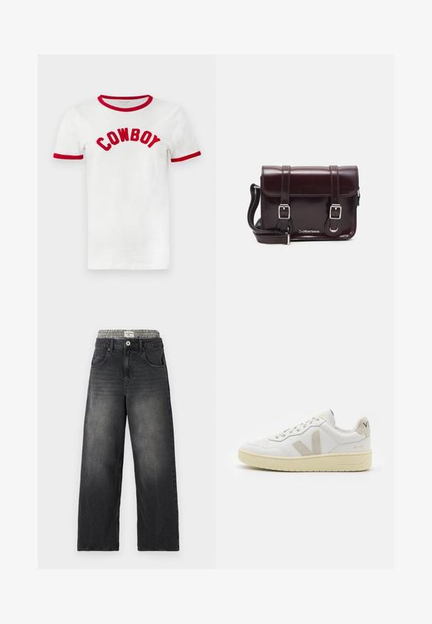 Balta medvilninė marškinė su raudonais apykaklės ir rankovių kraštais. Ant krūtinės išsiuvinėtų raudonų didžiųjų raidžių užrašas "COWBOY".; Juodi džinsai su plačiomis kojomis ir houndstooth rašto juosmeniu. Pirmuose kišenėse ir su mygtuko uždarymu. Dėvėtas tekstūras.; Balti odiniai sportbačiai su kreminiais zomšos akcentais, perforuota pirštų dalimi, plokščiomis raišteliais ir struktūruota kreminėmis padomis. Ant kulno yra subtilus ženklinimas.; Bordo lakinės odos krepšys per petį, stačiakampio formos, su dviem diržais, sidabrinėmis detalėmis ir užtraukiama kiautu.