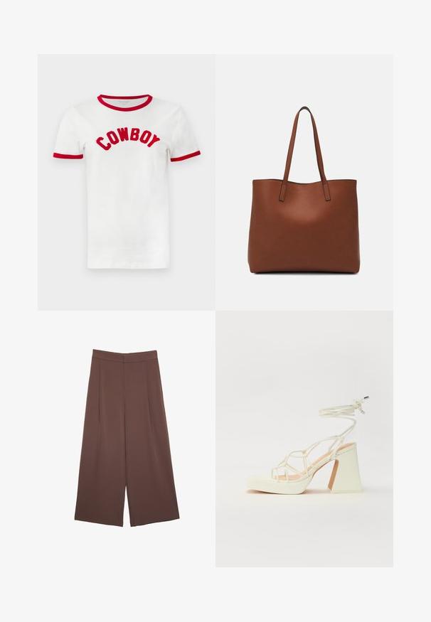 Bela bombažna majica s katero rdečim obročem okoli vratu in rokavih. Na prsih je napis "KOVBOJ" v poglobljenih, rdečih izvezenih črkah.; Rjave široke hlače z gladko teksturo, ki imajo visok pas in sprednje naborke. Tkanina je lahka in prosto pada.; Bela sandala na visokih petah s debelim petam, ki ima obliko trakcev in vezanje okoli gležnja. Gladka tekstura z platformo spredaj za dodatno višino.; Rjava usnjena torba z gladko teksturo, odprto zasnovo zgoraj in dvema naramnima trakovoma. Opremljena je z minimalnim šivanjem in brez vidnih kovinskih delov.