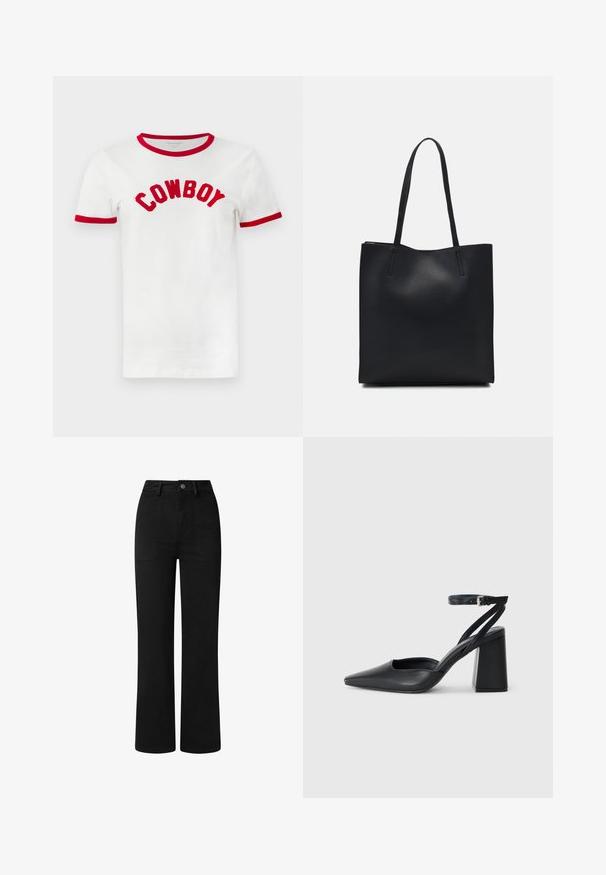 Bela bombažna majica s katero rdečim obročem okoli vratu in rokavih. Na prsih je napis "KOVBOJ" v poglobljenih, rdečih izvezenih črkah.; Črne, hlače z visoko pasom in ravnim krojem, izdelane iz gladkega bombažnega blaga. Značilnosti vključujejo sprednje žepe in preprost kovinski gumb za zapiranje.; Črne usnjene klasične čevlje z ostrim nosom, z zaponko za gleženj in debelim peto. Ravna tekstura, eleganten dizajn in minimalistična estetika.; Črna usnjena torba s svilnato teksturo, pravokotne oblike in dvema dolgima ročajema. Brez vidnih metalnih delov ali okrasnih elementov.