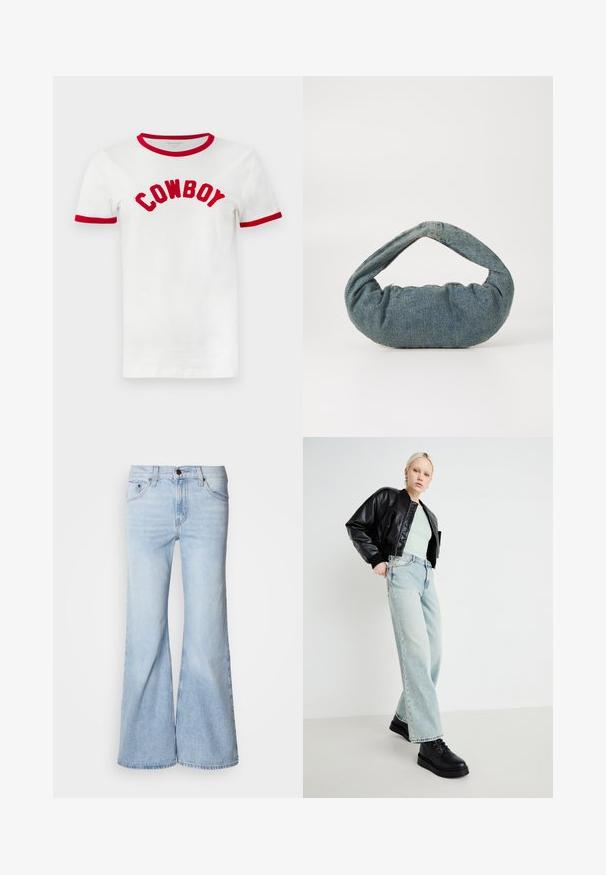 Fehér pamut póló piros nyakkivágással és ujjal. A mellkason domborított, vastag piros betűkkel szerepel a "COWBOY" felirat.; Világoskék szárban bővülő farmer, magasan kialakított derékkal, farmeranyagból, öt zsebbel és gombos záródással. A nadrágszárak szélesek és enyhén kifakult hatásúak.; Fekete bőrdzseki, mentazöld ing, világoskék széles szárú farmernadrág és fekete fűzős cipő, minimalista háttér előtt.; Kék farmerből készült táska párnázott, lekerekített formával és ívelt fogantyúval. A textúra puha, látható varrásokkal és sima felülettel rendelkezik.