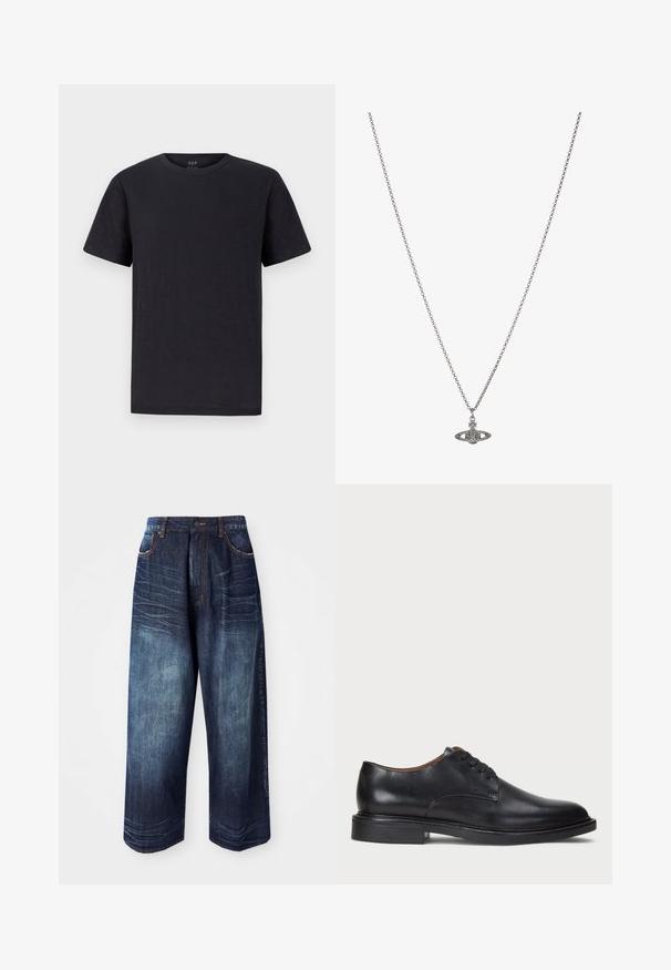 Črna majica s kratkimi rokavi iz mehkega, lahkega blaga z klasičnim okroglim izrezom. Enostaven, navaden dizajn brez vzorcev ali dodatkov.; Temno modri kavbojski široki hlače imajo visok pas, kontrastno šivanje, sprednje žepe in gladko površino s rahlim zbledelostjo.; Črne usnjene oblečne čevlje s krožno konico, zavezovanje z vezalkami in nizko plastiko. Gladka tekstura z minimalnimi šivi.; Srebrna verižica z obeskom v obliki planeta, okrašena z majhnimi detajli in zapletenimi vzorci.