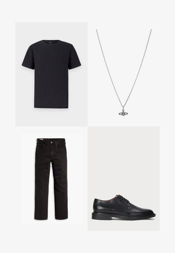 Must must have pehmeast, kergest kangast, klassikalise ümar kaeluse ja lühikeste varrukatega. Lihtne, ühetimeline disain ilma mustrite või aksessuaarideta.; Mustad sirgedega teksapüksid viie taskuga, nööpidega kinnitamine ja vöökohaga, lamab tasasele valgele taustale.; Must musta kleitjalats ümarate varvastega, paeltega disain ja madal virnastatud konts. Sile tekstuur minimaalsete õmblustega.; Hõbedane kettkaelakee, millel on detailselt kujundatud pendel, mis on planeedi kuju, kaunistatud väikeste aktsentide ja keerukate mustritega.