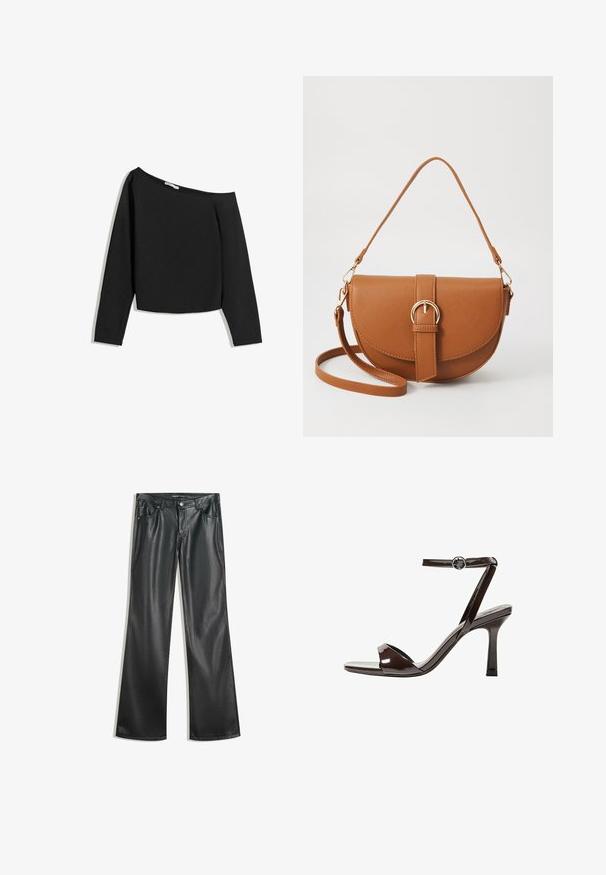 Top negru, cu umerii goi, cu mâneci lungi, fabricat dintr-un material moale. Prezintă un design scurt cu un gât larg și mâneci ajustate.; Pantaloni flared din piele ecologică neagră, cu o textură netedă, design cu cinci buzunare, fermoar frontal și cusături contrastante.; Sandale cu toc înalt din piele lacuită maro, cu bretele la gleznă, vârf deschis și un design elegant, minimalist. Dispune de un toc pătrat.; Geantă din piele maro, tip crossbody, cu o formă curbată, accesorii aurii și un accent cu cataramă. Dispune de un curea de umăr detașabilă.