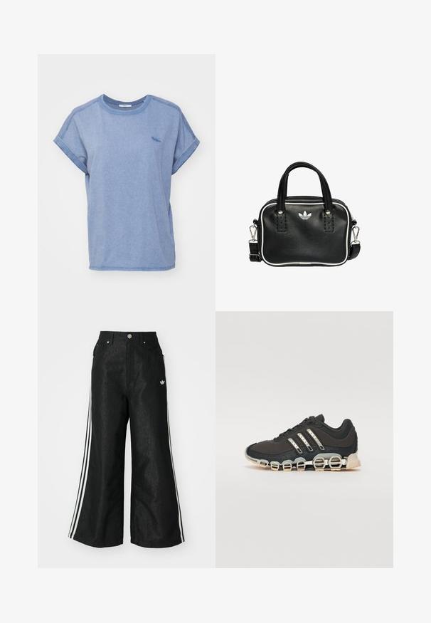 Camiseta de algodón suave de color azul claro con mangas cortas, que presenta un escote redondo y puños enrollados. Detalle sutil del logo en azul contrastante en el pecho.; Pantalones de denim anchos y negros con tres franjas blancas en cada lado y un pequeño logo blanco. Cuenta con bolsillos frontales y un cierre de botón.; Zapatilla deportiva negra con parte superior texturizada, tres rayas plateadas y una suela de amortiguación distintiva que presenta múltiples secciones integradas.; Bolso de mano de cuero negro con dos asas cortas, herrajes plateados, detalles en blanco y un logotipo blanco. Presenta una superficie texturada y un diseño compacto.