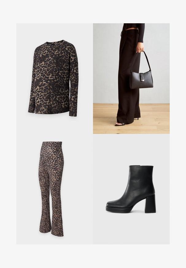 Dugi rukav majica u leopard uzorku, s okruglim izrezom i mekanim materijalom. Osnovne boje su crna i smeđa s laganim bež naglascima.; Leggings s uzorkom leoparda s razvedenim nogavicama i visokim pojasom. Izrađene od rastezljivog materijala, s bež osnovom i crnim mrljastim uzorcima.; Crna kožna čizma do gležnja s blok petom i platformom, prikazana s bočne strane na jednostavnoj bijeloj pozadini.; Crna torba s oblikom koji sadrži strukturu, glađu teksturu i metalnu kopču. Uparena s širokim crnim hlačama i sandalama na otvorenom s drvenog poda.
