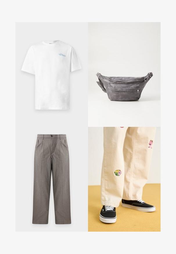 Baltas kokvilnas T-krekls ar apaļu kaklu, īsām piedurknēm un gaiši zilu uzrakstu "THE REGAL" kreisajā krūtīs.; Pelēka šķautņu drukas bikses ar taisno kāju dizainu, ar krokām, jostu ar pogas aizdari un sānu kabatām.; Beige kokvilnas bikses ar rotaļīgiem izšūtiem dizainiem, tostarp rozā raksturs un krāsains bloks, saskaņotas ar melniem kurpēm ar auklām.; Pelēks zamšādas jostas somiņa ar noapaļotu formu, divām kabatām ar rāvējslēdzējiem un regulējamu siksnu. Iekļauj metāla aksesuārus.