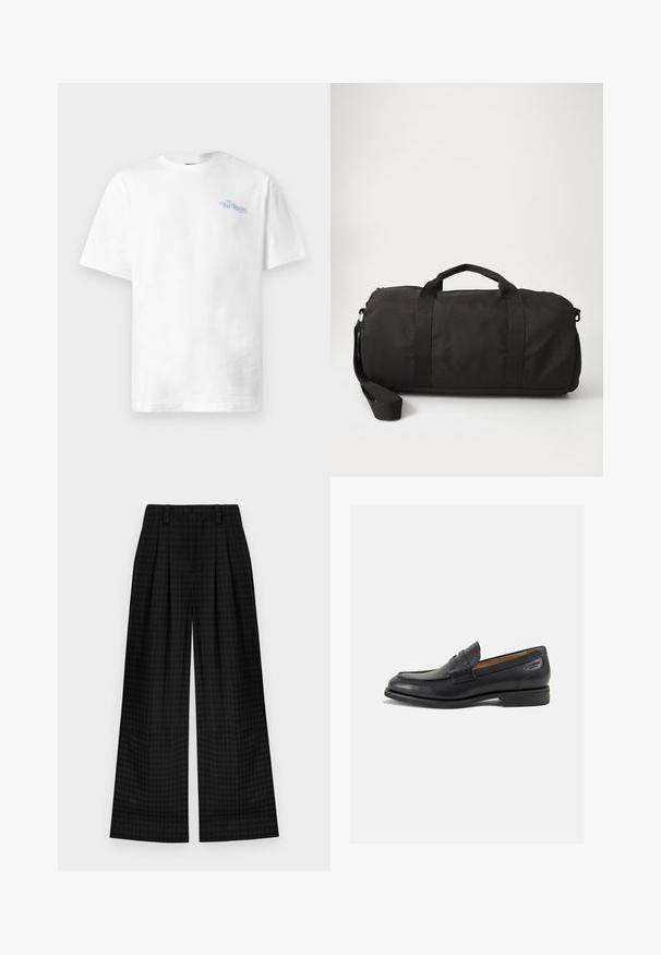 White cotton t-shirt with a crew neck, short sleeves, and light blue text reading "THE REGAL" on the left chest area.; Black checkered wide-leg trousers with pleats, featuring a smooth texture and classic design. Lightweight fabric for comfort.; Black leather loafers with a smooth finish, rounded toe, and decorative stitching on the vamp. Low stacked heel and slight shine.; Black duffel bag made of durable fabric, featuring two top handles, a detachable shoulder strap, and a smooth, rounded shape.