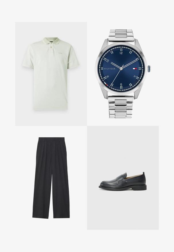 Lichtgroen poloshirt met een kraag, twee knopen en witte streepaccenten. Heeft een geborduurd logo op de borst en korte mouwen.; Wijd-uitlopende broeken van donkergrijze stof. Kenmerken zijn plooien bij de taille, een tailor-made ontwerp en een rechte silhouet.; Zwarte leren loafers met een gladde afwerking, een platte zool en een ronde neus met een decoratieve band over de bovenkant.; Zilveren metalen horloge met een geborstelde blauwe wijzerplaat, witte uurmarkeringen en een datumweergave. Voorzien van een geschakelde metalen band en het logo van het merk.