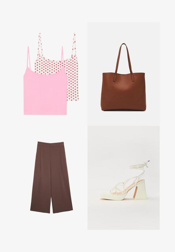 Dve majice brez rokavov: ena enobarvna roza z rebrasto teksturo in ena bela s potiskom rdečih src. Vsaka ima tanke naramnice in majhno dekorativno pentljo.; Rjave široke hlače z gladko teksturo, ki imajo visok pas in sprednje naborke. Tkanina je lahka in prosto pada.; Bela sandala na visokih petah s debelim petam, ki ima obliko trakcev in vezanje okoli gležnja. Gladka tekstura z platformo spredaj za dodatno višino.; Rjava usnjena torba z gladko teksturo, odprto zasnovo zgoraj in dvema naramnima trakovoma. Opremljena je z minimalnim šivanjem in brez vidnih kovinskih delov.