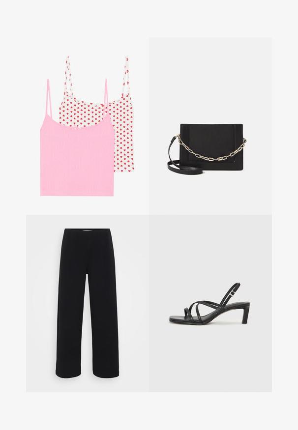 Zwei Tanktops: eines in einheitlichem Pink mit gerippter Struktur, und eines in Weiß mit roten Herzmotiven. Jedes hat dünne Träger und eine kleine dekorative Schleife.; Schwarze weit geschnittene Hose mit elastischem Bund. Hergestellt aus einem strukturierten Material, mit lockerer Passform und geradem Schnitt von der Hüfte bis zum Saum.; Schwarze Sandale mit Riemchen, quadratischer Zehenform und niedrigem Blockabsatz. Verfügt über mehrere dünne Riemen und einen verstellbaren Knöchelriemen. Hergestellt aus glattem Leder.; Schwarze Leder-Crossbody-Tasche mit glatter Textur, rechteckiger Form und metallic-kettendetail auf der Vorderseite. Verstellbarer Gurt inklusive.