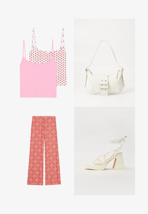 Kaksi toppia: yksi kiinteä vaaleanpunainen ribatulla pinnalla ja toinen valkoinen punaisella sydänkuviolla. Molemmissa on ohuet hihnat ja pieni koristeellinen nauha.; Lepas lebar terbuat dari kain bermotif berwarna coral dengan desain kisi-kisi yang menampilkan garis saling bersilangan berwarna merah gelap. Tekstur lembut, potongan santai.; Valkoinen korkokenkä, jossa on paksu korko, ja joka sisältää nauhakiinnityksen ja nilkkaketjun. Sujuva pinta, jossa on platform-etupohja lisäkorkeutta varten.; Valkoinen olkalaukku, jossa on teksturoitu pinta, keskeinen solkiyksityiskohta ja kaareva muoto. Vetoketjusulkimet kummallakin puolella.