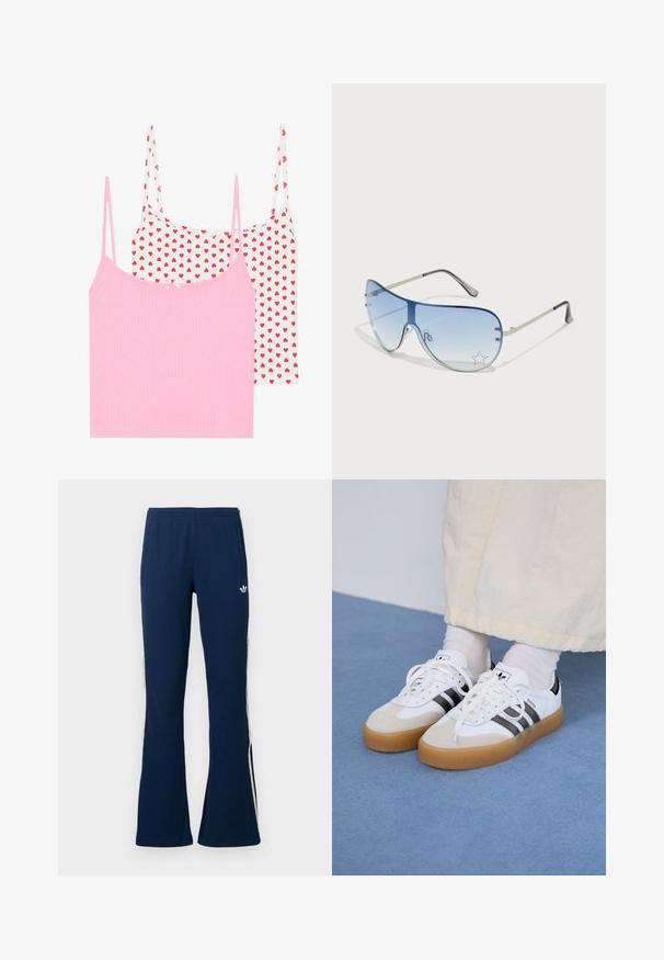Zwei Tanktops: eines in einheitlichem Pink mit gerippter Struktur, und eines in Weiß mit roten Herzmotiven. Jedes hat dünne Träger und eine kleine dekorative Schleife.; Marineblaue, gerippte, ausgestellte Trainingshosen mit weißen Seitenstreifen und einem gestickten Logo auf der linken Seite, ausgestattet mit zwei Seitentaschen.; Weiße Sneaker mit schwarzen Streifen und beigen Wildlederakzenten. Besitzen eine strukturierte Gummisohle und flache weiße Schnürsenkel, getragen mit hellen Socken.; Flugzeugbrille mit einem verlaufenden blauen Glase, silbernem Metallrahmen und dekorativen Sternelementen auf dem Glas. Glattes und elegantes Design.