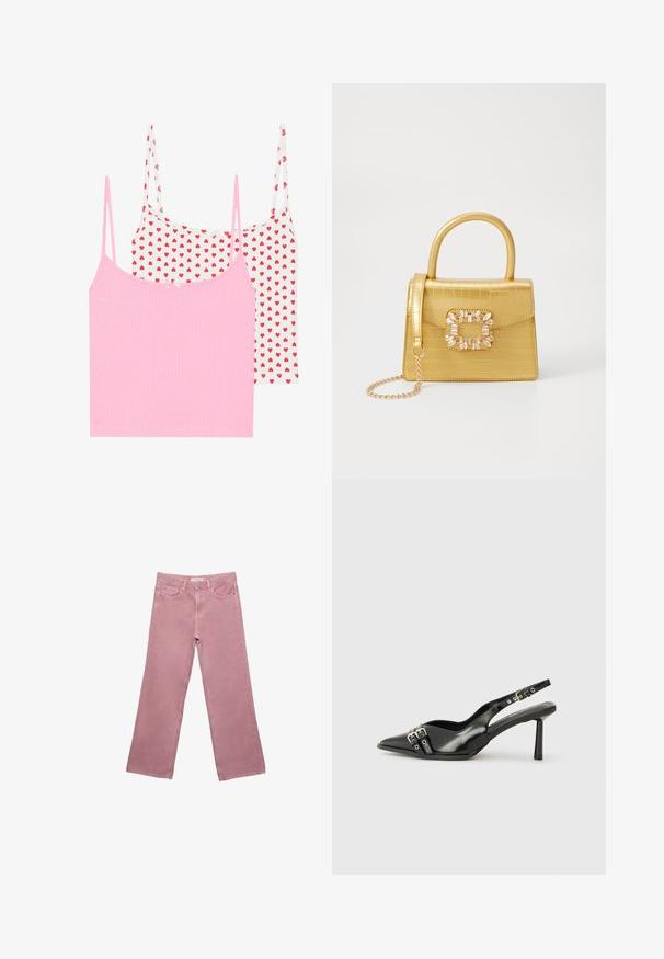 Twee tanktops: één effen roze met een geribbelde textuur, en één wit met een rode hartprint. Beide hebben dunne bandjes en een kleine decoratieve strik.; Roze wijde-spijkerbroek van denim, met een hoge taille, voorzakken en subtiele stikdetails. Soepele textuur zonder patronen.; Zwarte gepolijste leren slingback schoenen met een puntige neus, enkelbandjes met zilveren gespen en hardware, en een slanke hak.; Geel faux-krokodillenhandtas met een gestructureerd ontwerp, bovenhandvat, afneembare kettingriem en decoratieve kristallen versiering op de sluiting.