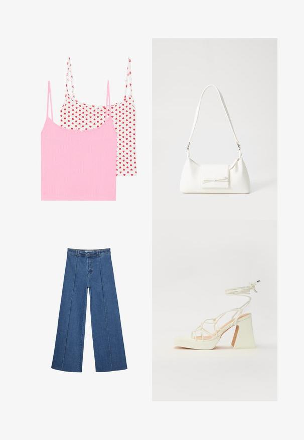 Dve tielka: jedno v jednotnej ružovej farbe s ribbenou textúrou a jedno biele s červeným srdiečkovým potlačou. Každé má tenké ramienka a malú dekoračnú mašličku.; Rovné džínsy s širokými nohavicami v strednom modrom odtieni, so zvýšeným pásom, zapínaním na gombík a kontrastnými vertikálnymi švami pozdĺž prednej strany.; Biele sandále na vysokom opätku s hrubým podpätkom, s pruhovaným dizajnom a viazaním na členku. Hladký povrch s platformou vpredu pre zvýšenú výšku.; Biela syntetická kabelka s trojuholníkovým tvarom, plochým predným klapkou a detailom mašle, nastaviteľným popruhom, hladkou textúrou a minimalistickým dizajnom.