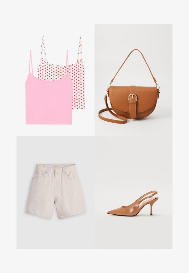 Dve majice brez rokavov: ena enobarvna roza z rebrasto teksturo in ena bela s potiskom rdečih src. Vsaka ima tanke naramnice in majhno dekorativno pentljo.; Bež denim šortsi z visokim pasom, z gumbi na sprednji strani, zankami za pas in zasnovo s petimi žepi; lahki in z gladko teksturo.; Slinčaste pete z ostro konico v gladkem, sijočem bež materialu. Imajo ukrivljen rez in vitko stiletto peto. Podrobnost s srebrno zaponko.; Rjava usnjena torbica prek telesa s ukrivljeno obliko, zlate opreme in sponko. Ima odstranljiv naramni trak.