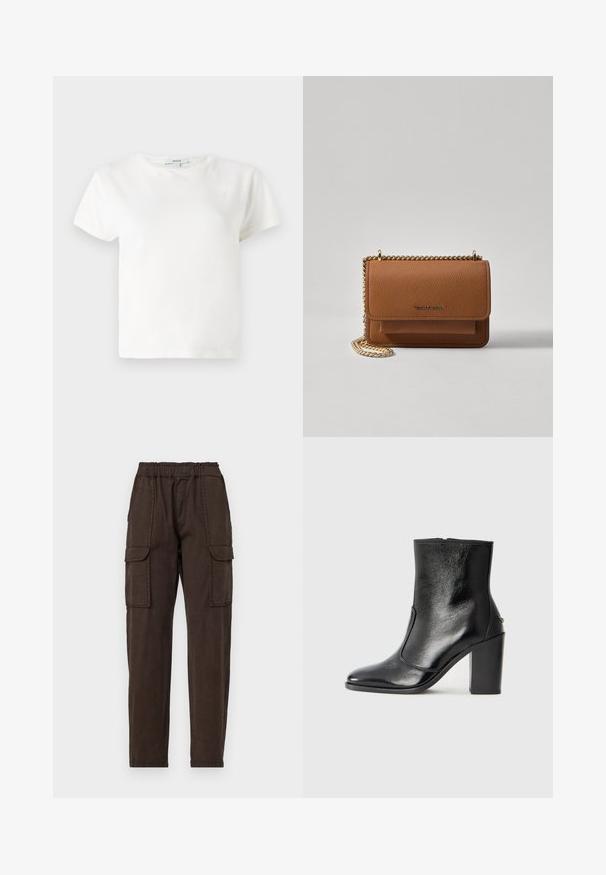 Fehér pamut póló rövid ujjakkal, kerek nyakkivágással és laza szabással. A címke látható a gallérnál, sima textúrájú. Egyszerű dizájn, minták nélkül.; Barna cargo nadrág elasztikus derékkal, két nagy elülső zsebbel és tapered lábformával. Könnyű anyagból készült, matt textúrával.; Fekete bőr bokacipő sima textúrával, hegyes orral és vastag, magas sarkával. Oldalnyílással és minimalista dizájnnal rendelkezik.; Barna textúrájú bőr keresztbody táska arany lánc pánttal és fedélzárral. Az elején logó részlet és egy zseb található a fedél alatt.