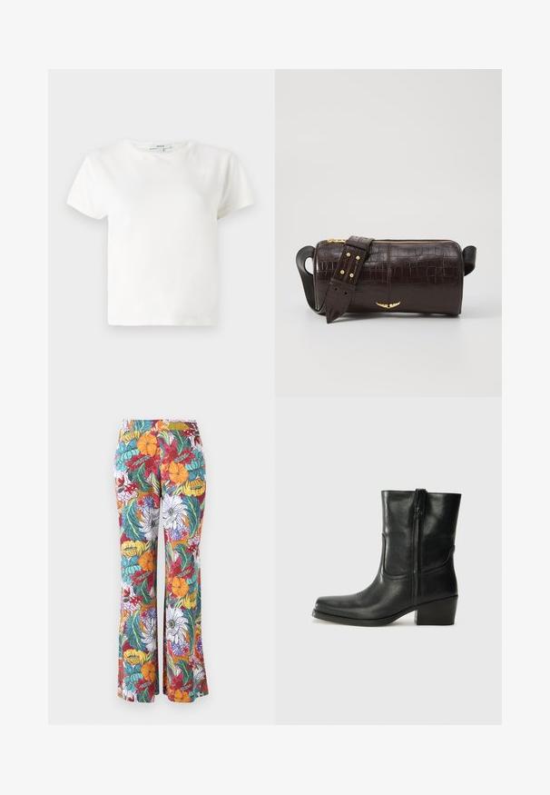 Balta medvilnės marškinėliai su trumpomis rankovėmis, apvaliu iškirpimu ir laisvu siluetu. Etiketė matoma ant apykaklės, lygus paviršius. Paprastas dizainas, be raštų.; Plati kelnės su daugiaspalve gėlių uždanga, kuriame yra oranžinės, violetinės ir smaragdinės gėlės bei žalios lapijos ant balto fono.; Juodi odiniai aulinukai iki kulkšnies su apvali nosimi, blokuotais kulnais, šonine užtrauktuku ir siuvimo akcentais ant viršutinės dalies. Lygi tekstūra, klasikinis dizainas.; Ruda krokodilo odspaudo odinė rankinė cilindro formos, su auksinėmis detalėmis ir nuimamu dirželiu, papuoštu studelėmis.