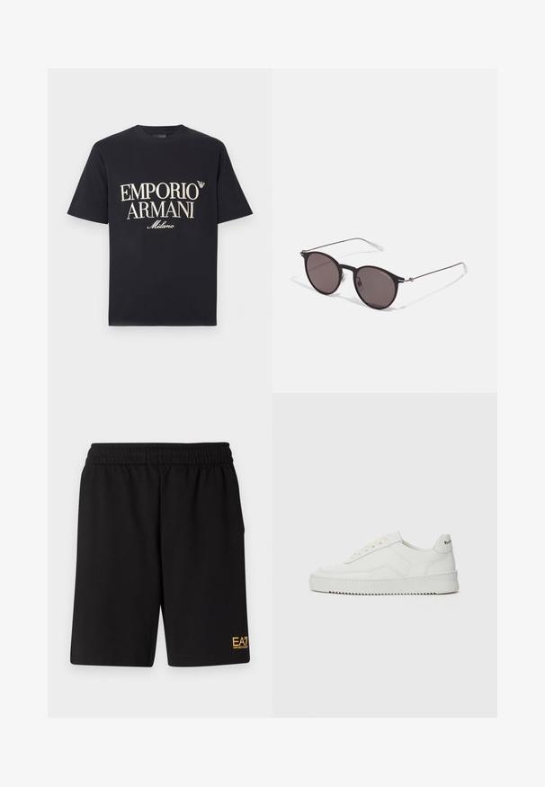 Melna kokvilnas T-krekls ar lielu kontrastējošu krēmkrāsas uzrakstu "EMPORIO ARMANI Milano" priekšpusē un mazu logotipu krūtīs.; Melnas sporta šortus, kas izgatavoti no mīksta auduma, ar elastīgu jostu un mazu dzeltenu EA7 logo zem kreisā kājas stūra.; Baltas ādas sneakers ar gludu virsmu, apaļu pirkstu daļu, plakaniem šņorēm un teksturētu zoli. Satur diskrētu logotipu uz papēža.; Melni apaļi saulesbrilles ar tumšiem lēca un plānām metāla stangām. Iekļautas caurspīdīgas tempļu galviņas un sudraba akcenti pie eņģes. Minimalistisks dizains.