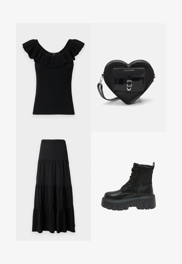 Fekete bordás ujjatlan felső széles fodros ujjakkal és mély nyakkivágással. Texturált anyag, testhezálló fazon, egyszerű dizájn, további díszítések nélkül.; Fekete maxisziget puha anyagból, réteges kialakítással, rugalmas derékpánttal és fodros díszítéssel az alján.; Fekete bőr bokacsizma vastag talppal, fűzős elejével és oldalsó cipzárral a könnyű felvétel érdekében. A talpon textúrált részletezés található.; Fekete szív alakú táska lakkbőrből, elülső zsebbel, csattal záródik és levehető pánttal rendelkezik. Ezüst színű kiegészítők.