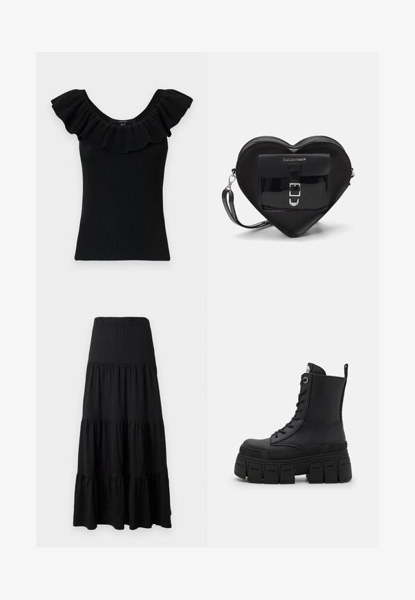 Svart ribbestrikket topp med brede volangermer og scoop halsutskjæring. Teksturert stoff, tettsittende fasong, enkelt design, uten ekstra detaljer.; Sorte maxiskjørt laget av mykt stoff, med et lagdelt design, elastisk midjebånd og volanger ved kanten.; Buffalo GOSPHER LACE UP MID - Snørestøvletter - black; Sorte hjerteformet veske laget av patentlær med en frontlomme som har spenne-lukking og avtagbar stropp. Sølvfargede detaljer.
