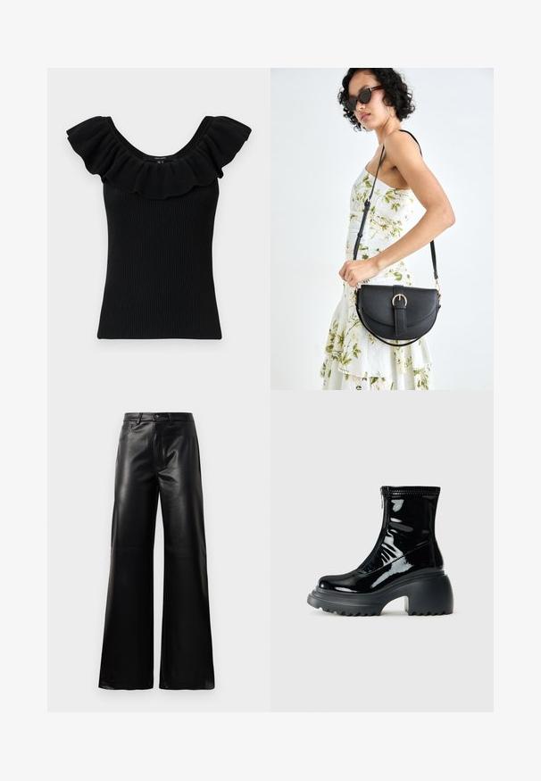 Crna rebrasta majica bez rukava s širokim volanima i izrezom u obliku uvale. Teksturirani materijal, prilagođen oblik, jednostavan dizajn, bez dodatnih akcenta.; Crne visoke široke hlače od umjetne kože s prednjim gumbom, zatvaranjem na zip, petljama za pojas i bočnim džepovima na bijeloj pozadini.; Sjajna crna platforma čizma do gležnja s zaobljenim vrhom, debelim potplatom, zatvaranjem na zip i debelim rebrastim potplatom na bijeloj pozadini.; Crna kožna torba s lukovitim oblikom, odvojivim remenom i zlatnim detaljima. Torba ima preklop s kopčom.
