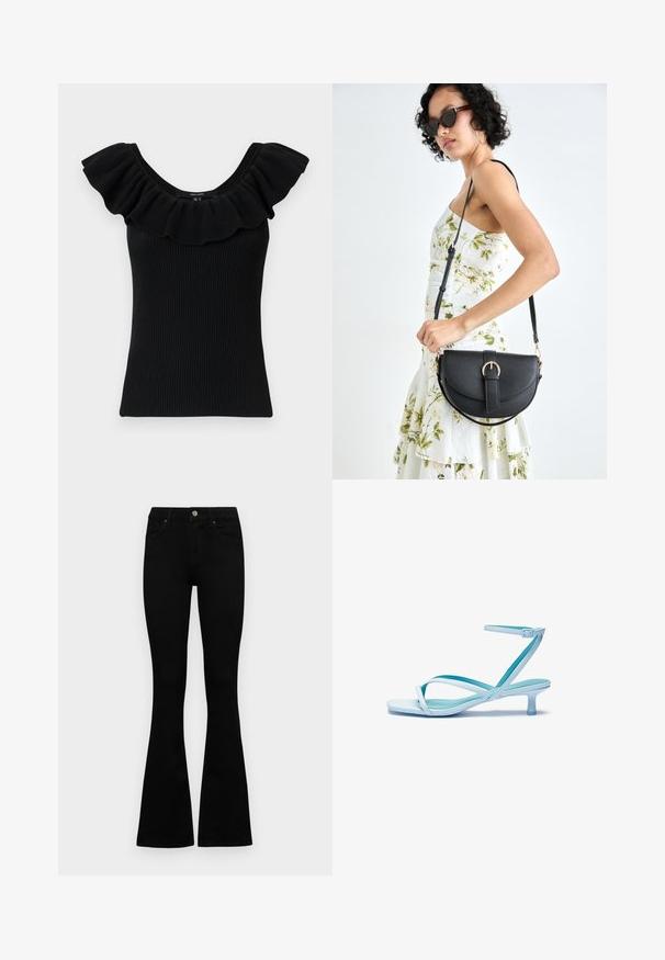 Schwarzes, geribbeltes Tanktop mit breiten, gefransten Ärmeln und einem runden Ausschnitt. Strukturierter Stoff, taillierte Form, einfaches Design, keine zusätzlichen Akzente.; Schwarze hochtaillierte Jeans mit einem Knopf- und Reißverschluss, Fronttaschen und ausgestellten Beinen, flach auf einem weißen Hintergrund ausgelegt.; Hellblaue Riemchensandalette mit quadratischer Zehenform, flachem Absatz, verstellbarem Knöchelriemen und glatter, glänzender Oberfläche. Überkreuzte Riemen auf dem Fußbett.; Schwarze Lederhandtasche mit geschwungener Form, abnehmbarem Tragegurt und goldenen Beschlägen. Die Tasche verfügt über einen Deckel mit einer Schnallen-Details.