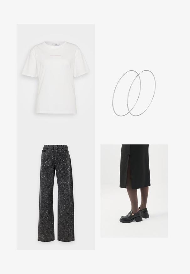 MSCH Copenhagen SMALL LOGO TEE - Navadna majica - white; Noisy May NMJANNEL LOOSE - Široke kavbojke - black denim; Črne usnjene čevlje s zaobljenim prstom, debelim blokastim petama in elastičnimi stranskimi detajli, v kombinaciji s temno nogavicami in črno krilo z razporkom.; Srebrne uhane v obliki obroča z minimalističnim dizajnom. Krožna oblika, gladka tekstura in tanek profil. Lahki s poliranim zaključkom.