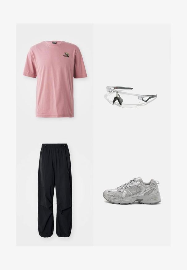 Rózsaszín pamut póló, kerek nyakkivágással, rövid ujjakkal és egy kis grafikai mintával, amelyen a márka logója található a mellrészen.; Fekete, könnyű munkásnadrág elasztikus derékrésszel, oldalsó cipzárokkal és tágas zsebekkel. Lazán illeszkedik, és szűkülő bokákkal rendelkezik.; Ezüst sportcipő, amely sima dizájnú, hálós panelekből áll, párnázott nyelve van, texturált szintetikus felsőrésze van, és gumitalpa biztosítja a tapadást.; Áttetsző, könnyű keretes biztonsági szemüveg szürke kiegészítőkkel. Wraparound kialakítással és állítható orrnyereggel rendelkezik.