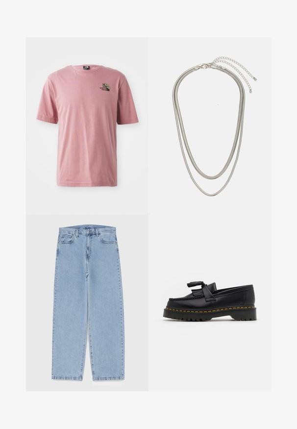 T-shirt de algodão rosa com gola redonda, mangas curtas e um pequeno design gráfico com o logótipo da marca no peito.; Jeans de denim azul claro com design de perna reta, apresentando uma cintura de altura média, cinco bolsos e um fecho de botão e zíper.; Mocassim de couro preto com um detalhe de franjas, apresentando uma sola preta robusta e costura amarela ao longo da borda. Acabamento texturizado.; Colar de metal prateado em três camadas, com correntes flexíveis e elegantes que possuem um leve brilho, fechado com um fecho de lagosta e corrente ajustável.