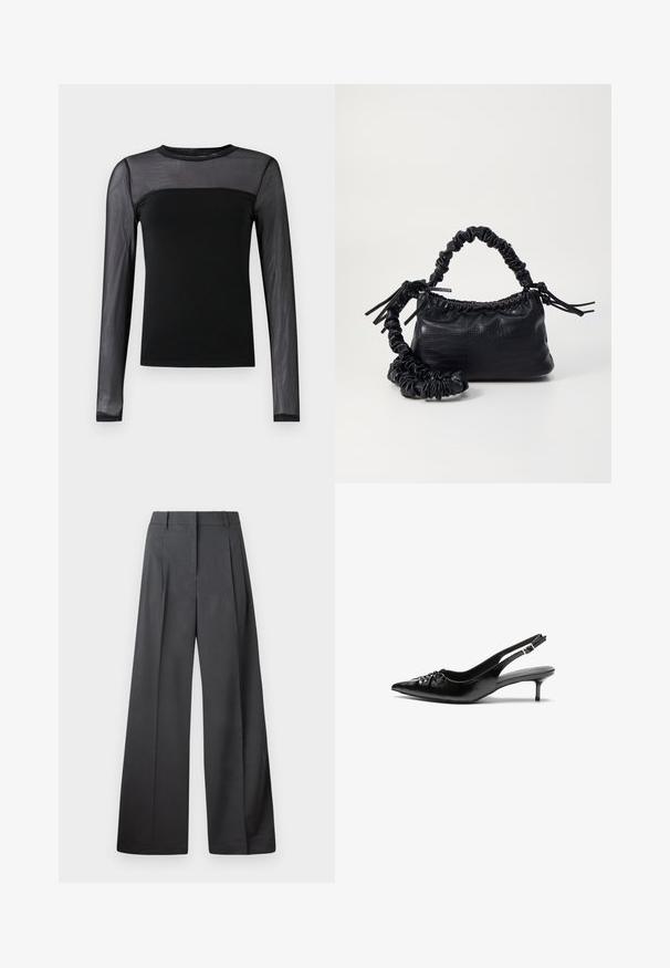 Zwarte lange mouwen top met een solide lichaam en doorschijnende mesh mouwen, met een ronde halslijn en een slank pasvorm ontwerp.; Wijde broek in donkergrijze stof, met een hoge taille, enkele plooien en een gladde textuur met een nette afwerking aan de zoom.; Zwarte leren slingback hakken met een spitse neus, kleine kittenhak en een decoratieve knoopdetail aan de voorkant. Smooth textuur overal.; Zwarte nepleer handtas met een krokodillenstructuur, opgedroogde bovenkant en een gekreukte hengsel. Het lijkt zacht en compact van ontwerp.