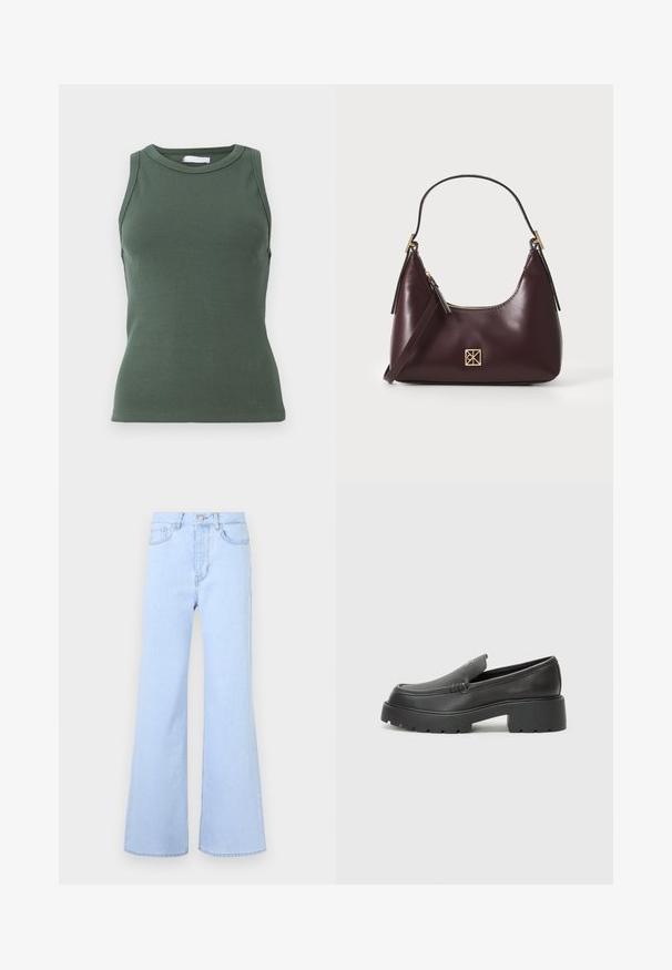 Roheline soonikuga tank top, ümmarguse kaelusega ja ilma varrukateta disainiga. Omab kitsast siluetti ja peent tekstuuri kogu ulatuses.; Heledad sinine paanega teksad kõrge vöökohaga, viie taskuga, nööbikäiga ja ühtlase denimi tekstuuriga. Äär on korralikult õmmeldud.; Mustad nahast loafers ümarate varvastega, paksu tekstuuriga tald ja minimaalsete õmbluse detailidega. Viimistletud disain, kus pole nähtavaid paelu ega riistu.; Burgundi värvi nahast käekott, millel on kumer kuju, kuldsed aksessuaarid ja lukuga sulgemine. Omab eemaldatavat õlarihma.