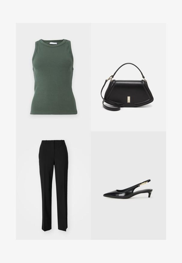 Top de tirantes verde con un escote redondo y diseño sin mangas. Presenta una silueta ajustada y una textura sutil en toda la prenda.; Pantalones negros ajustados con un diseño de pierna recta, que presentan una textura suave y pliegues nítidos en el frente. Sin herrajes visibles.; Tacones negros de piel sintética tipo slingback con punta afilada, que cuentan con un tacón delgado y un detalle en tono dorado en la correa ajustable. Textura suave.; Bolso de mano de cuero negro con un diseño estructurado, que presenta una forma recortada, asa superior y acentos en dorado. Correa de hombro ajustable incluida.