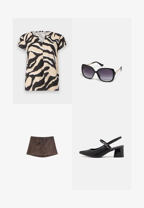 Kurzarm-Oberteil mit V-Ausschnitt, versehen mit einem abstrakten Zebra-Muster in Schwarz, Beige und Weiß auf weichem Stoff. Lässige Passform.; Brauner Kunstwildleder-Minirock mit Vorderseite und Schnürdetails sowie silbernen Nieten am Saum. Glatte Textur, A-Linie und kurze Länge.; Schwarze Lackleder-Slingback-Absätze mit spitzer Zehenform, einem runden Ausschnitt-Design und einem Blockabsatz. Mit einem goldfarbenen Schnallenakzent.; Schwarze übergroße Sonnenbrille mit getönten Gläsern, dicken Rahmen und goldfarbener Kettendetaillierung an den Bügeln.; Schwarze Tragetasche aus synthetischem Material, mit einfachem rechteckigem Design, goldenen quadratischen Akzenten und doppelten Griffen.