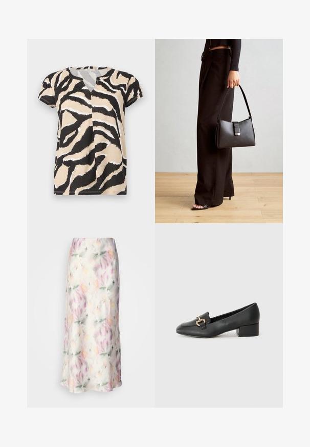 T-shirt de mangas curtas com decote em V, apresentando um padrão abstrato de zebra em preto, bege e branco em tecido suave. Corte casual.; Saia midi floral em fibra leve, com estampa aquarela em cores pastéis, apresentando um design fluido e um brilho sutil.; Mocassins de couro preto com um salto baixo, apresentando um detalhe decorativo em metal dourado na parte da frente e uma textura suave.; Bolsa preta com forma estruturada, textura suave e um fecho metálico. Combinada com calças largas pretas e sandálias de salto aberto sobre um chão de madeira.