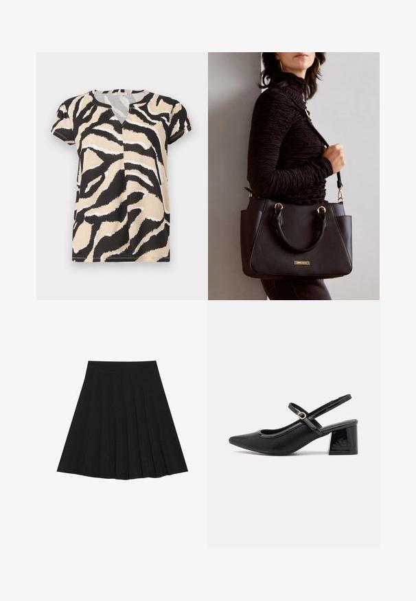 Lyhythihainen paita V-puolella, jossa on musta, beige ja valkoinen abstrakti seepra-kuvio pehmeällä kankaalla. Rentoa istuvuutta.; Musta taitettu hame, joka on valmistettu teksturoidusta kankaasta ja jossa on tiukka vyötärö. Laskeutuu polveen, ja siinä on suora ja siisti siluetti.; Musta lakattu nahka slingback-korkokengät, joissa on terävä kärki, pyöreä aukko-muotoilu ja lohkokorko. Varustettu kultasävyisellä solkiyksityiskohdalla.; Musta käsilaukku, jossa on teksturoitu pinta, kaksi yläkantta ja säädettävä olkahihna. Varustettu kultasävyisillä varusteilla ja sivutaskuilla.