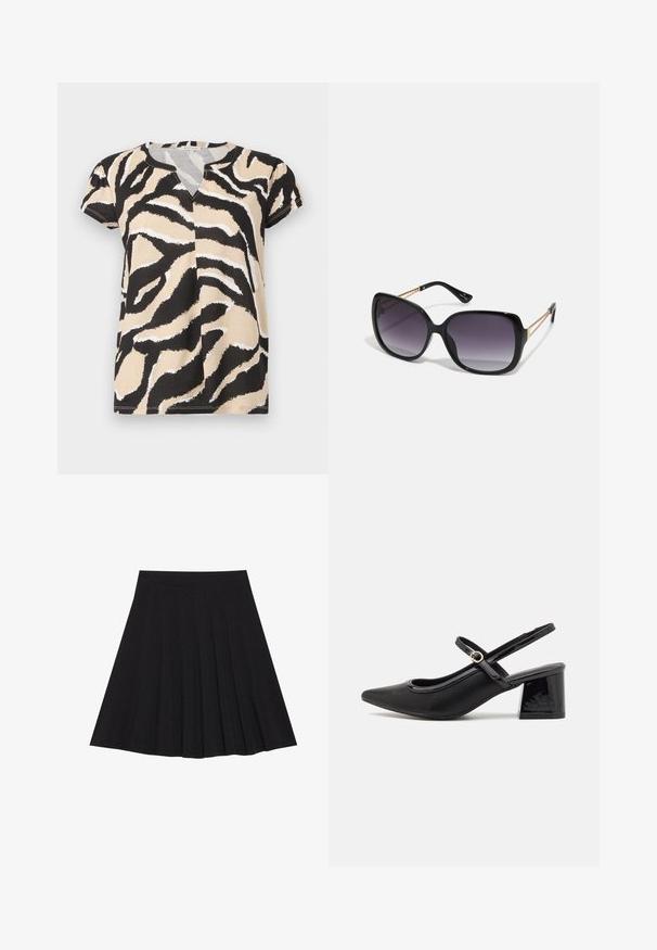 Short-sleeved top with a V-neckline, featuring a black, beige, and white abstract zebra print on soft fabric. Casual fit.; Black pleated skirt made of textured fabric with a fitted waistband. Falls to knee length, featuring a smooth, clean silhouette.; Black patent leather slingback heels with a pointed toe, a rounded cutout design, and a block heel. Features a gold-tone buckle accent.; Black oversized sunglasses with gradient lenses, thick frames, and gold-tone chain detailing on the temple arms.; Black tote bag made of synthetic material, featuring simple rectangular design, gold square accents, and double handles.