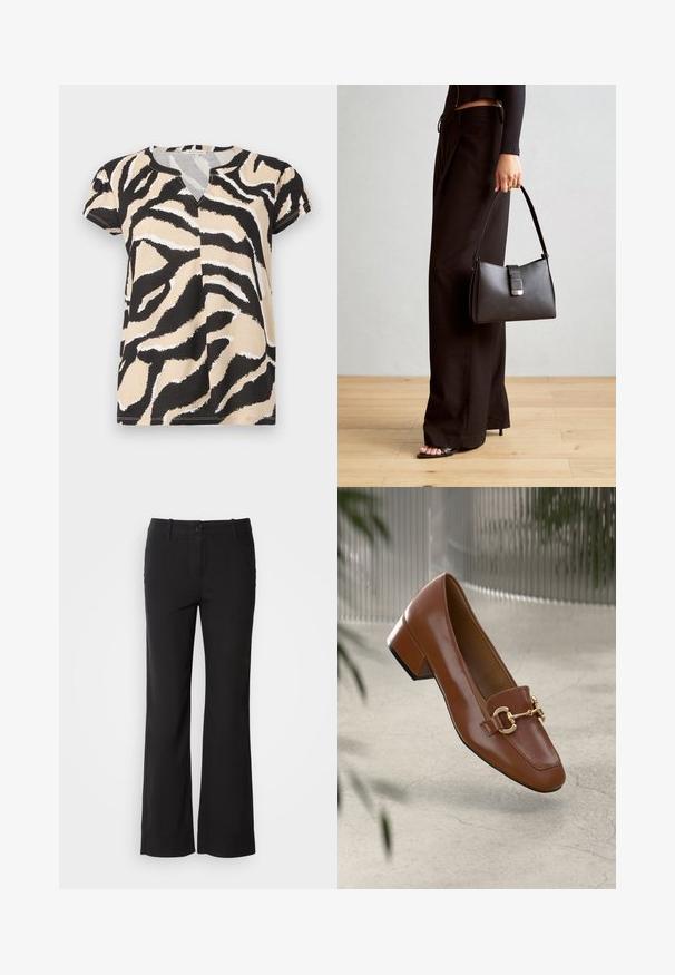 Röshortas ar V-veida izgriezumu, kas izceļ melnu, bēšu un balti abstrahētu zebraskatu uz mīkstas auduma. Ikdienas piegrieztne.; Melni kokvilnas auduma bikses ar taisnu kāju dizainu, priekšējo pogu aizdari un divām sānu kabatām. Gluda tekstūra, bez redzamām rakstu zīmēm.; Brūni lakoti ādas loaferi ar kvadrātu purngalu, metālisku ķēdes akcentu un zemu blokveida papēdi; gluda tekstūra, minimālisma dizains.; Melnā somiņa ar strukturētu formu, gludu tekstūru un metālu sprādzi. Saskaņota ar platām melnām biksēm un sandālēm ar atvērtu purngalu uz koka grīdas.