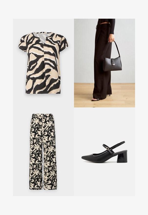 Kortærmet top med V-udskæring, der har et abstrakt zebra-print i sort, beige og hvidt på blødt stof. Casual pasform.; Sorte vide bukser med et mønster af cremefarvede blomster. Lavet af letvægtsstof, som har en glat tekstur og en høj talje.; Sorte patentlæder slingback hæle med spids tå, rund udskæring og blokhæl. Har en guldtonet spændeaccents.; Sort håndtaske med struktureret form, glat overflade og metalspænde. Sammen med brede sorte bukser og sandaler med åben tå på trægulv.