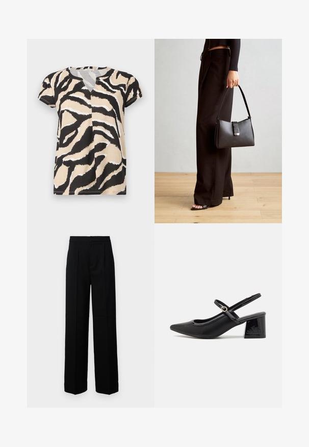 Kurzarm-Oberteil mit V-Ausschnitt, versehen mit einem abstrakten Zebra-Muster in Schwarz, Beige und Weiß auf weichem Stoff. Lässige Passform.; Schwarze weite Hosen mit glatter Textur, mit flacher Vorderseite, Falten und maßgeschneidertem Bund. Keine sichtbaren Beschläge oder Muster.; Schwarze Lackleder-Slingback-Absätze mit spitzer Zehenform, einem runden Ausschnitt-Design und einem Blockabsatz. Mit einem goldfarbenen Schnallenakzent.; Schwarze Handtasche mit strukturierter Form, glatter Textur und einem metallischen Verschluss. Kombiniert mit weiten schwarzen Hosen und offenen Sandalen auf einem Holzboden.