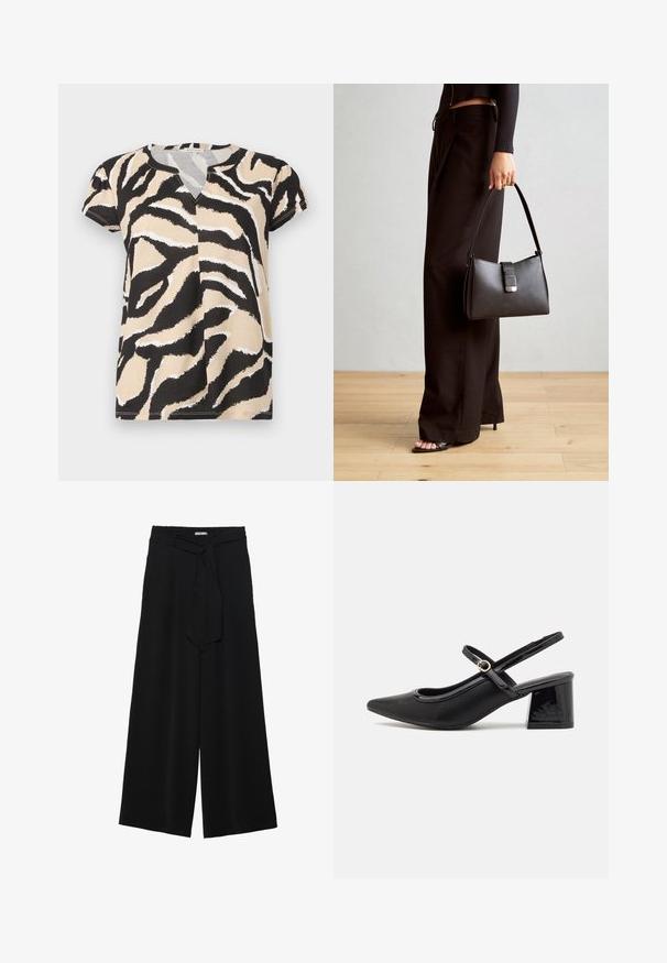 Kortermet topp med V-hals, med abstrakt zebra-mønster i svart, beige og hvitt på mykt stoff. Løs passform.; Svart vide bukser med teksturert stoff, elastisk midje og avtagbart belte som gir justerbar passform.; Sorte lakk lær slingback hæler med spiss tå, et avrundet utskjæringsdesign og blokkheel. Har en gulltone spenne som detalj.; Svart håndveske med strukturert form, jevn tekstur og metallisk lås. Kombinert med brede svarte bukser og sandaler med åpen tå på tregulv.