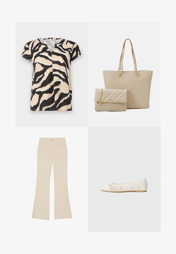 Majica kratkih rukava s V-izrezom, s apstraktnim žirafa uzorkom u crnoj, bež i bijeloj boji na mekanom materijalu. Ležeran kroj.; Bež široke hlače s visokim strukom, izrađene od pamučne tkanine. Imaju prednje i stražnje džepove, petlje za remen i jedan srebrni gumb.; Balerina s izduženim vrhom od krem kože s prozirnim gornjim dijelom i raspršenim rhinestones. Mekana potplat za udobnost, minimalistički dizajn.; Bežna torba s ravnim ručkama, glatkom teksturom i zlatnim hardverom, u kombinaciji s odgovarajućim pufastim clutchom s lančićem.