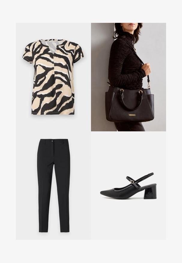 Majica kratkih rukava s V-izrezom, s apstraktnim žirafa uzorkom u crnoj, bež i bijeloj boji na mekanom materijalu. Ležeran kroj.; Crne uske hlače od glatkog materijala, s klasičnim pojasom, prednjim zatvaračem i bočnim džepovima uz elegantan, krojeni dizajn.; Crne lakirane slingback visoke potpetice s šiljastim vrhom, zaobljenim izrezom i blok potpeticom. Sadrži akcent zlatnog tona s kopčom.; Crna torba s teksturiranom površinom, dvostrukim gornjim ručkama i podesivom remenom za rame. Ima zlatne metalne detalje i bočne džepove.
