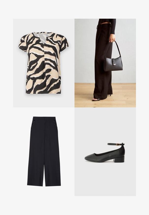 Kurzarm-Oberteil mit V-Ausschnitt, versehen mit einem abstrakten Zebra-Muster in Schwarz, Beige und Weiß auf weichem Stoff. Lässige Passform.; Weite Hosen aus dunkelblauem Stoff mit einer glatten Textur, Vorderfalten und dekorativen goldfarbenen Ösen an den Seitentaschen.; Schwarze Lederpumps mit spitzem Zehenbereich und niedrigem Blockabsatz. Mit einem Knöchelriemen und einer goldfarbenen Schnalle. Glatte Textur.; Schwarze Handtasche mit strukturierter Form, glatter Textur und einem metallischen Verschluss. Kombiniert mit weiten schwarzen Hosen und offenen Sandalen auf einem Holzboden.