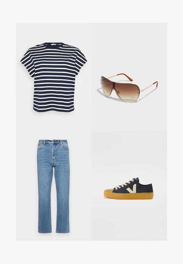 Marineblaues und weiß gestreiftes T-Shirt mit kurzen Ärmeln und Rundhalsausschnitt, außerdem mit dekorativen Knöpfen an einer Schulter.; Hellblaue Denim-Jeans mit geradem Bein, fünf Taschen, Knopfverschluss vorne und subtiler Ausbleichung des Stoffs.; Blaue Denim-Low-Top-Sneaker mit cremefarbenen Schnürsenkeln, einer gelben Gummisohle und einem kontrastierenden "V"-Logo an der Seite.; Sonnenbrille mit braunem Verlaufsglas, Metallrahmen und dekorativem Sternenmuster mit Strasssteinen in der unteren rechten Ecke des Glases.