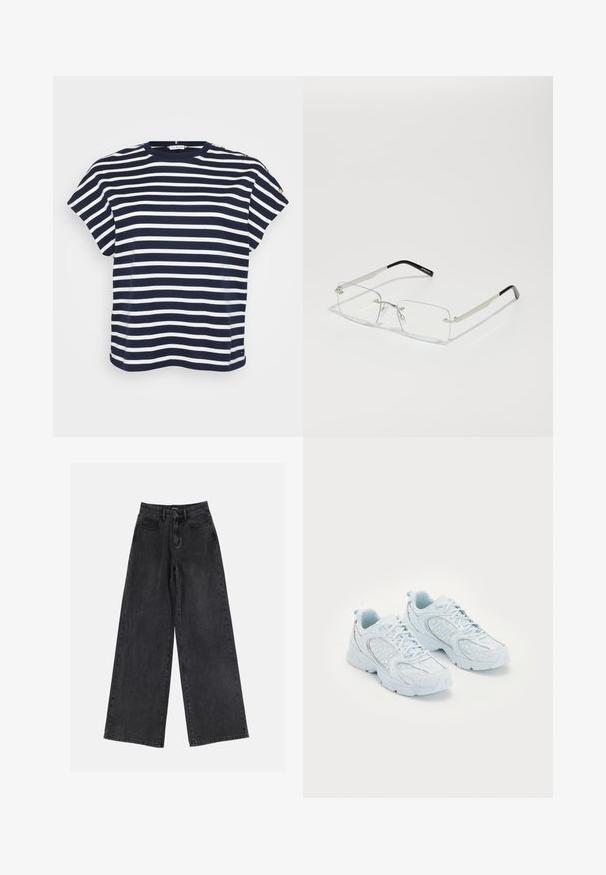 Koszulka z krótkim rękawem w niebiesko-białe paski z okrągłym dekoltem, z dekoracyjnymi guzikami na jednym ramieniu.; Czarne dżinsy z szerokimi nogawkami, z wysokim stanem, klasycznym pięciopocketowym fasonem i subtelnym wyblaknięciem. Wytrzymały materiał o gładkiej teksturze.; Jasnoniebieskie buty sportowe z siateczkową i syntetyczną cholewką, ozdobione białymi kropkami i odblaskowymi akcentami, z zapięciem na sznurowadła oraz amortyzującą podeszwą.; Prostokątne okulary z przezroczystymi soczewkami, z cienką srebrną metalową oprawą i czarnymi końcówkami z acetatu. Posiadają minimalną ilość elementów, co zapewnia elegancki wygląd.; Czarna skórzana torebka o zakrzywionym kształcie, z odpinanym paskiem i złotymi akcentami. Torebka posiada klapę z zapięciem w kształcie klamry.