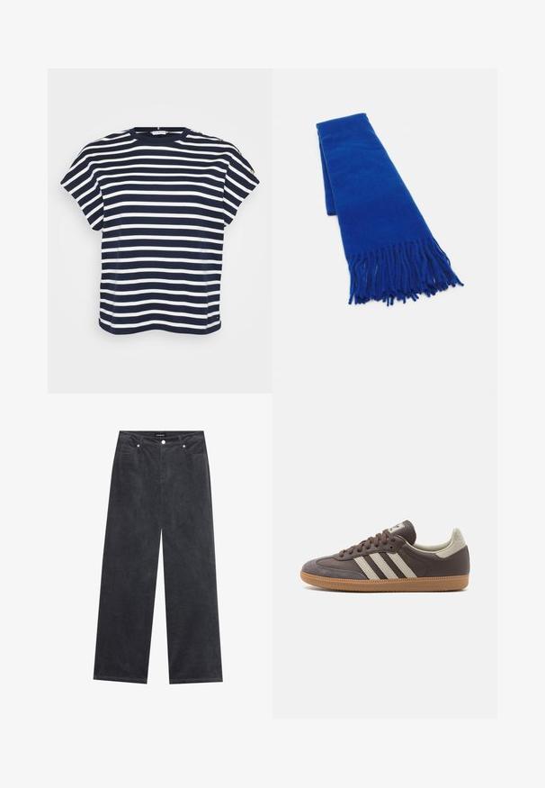 Navy and white striped T-shirt with short sleeves and a crew neckline, featuring decorative buttons on one shoulder.; Wide-leg trousers in dark gray corduroy, featuring a button closure, four pockets, and a soft textured finish.; Brown leather sneaker with three light-colored stripes, rubber gum sole, rounded toe, and textured suede accents on the heel and toe.; Blue woven scarf with fringed ends, smooth texture, rectangular shape, and uniform color throughout. Suitable for cold weather.