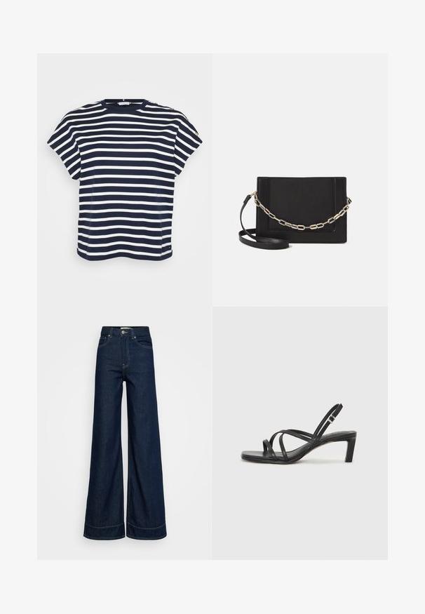 Mørkeblå og hvit stripete T-skjorte med korte ermer og rund hals, som har dekorative knapper på den ene skulderen.; Mørkeblå høyt liv vide jeans med frontlommer, beltehemper, knappelukking og synlig søm på hvit bakgrunn.; Sorte sandaler med stropper, firkantet tå og lav blokk hæl. Har flere tynne stropper og en justerbar ankelstropp. Laget av glatt lær.; Svart lær crossbody-veske med glatt tekstur, rektangulær form og metallkjede detaljer på framsiden. Justerbar stroppe inkludert.