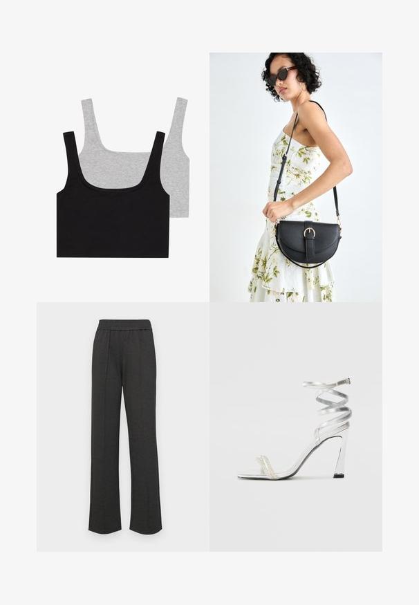 Kaks puuvillasegistusega kampsunit: üks must ja üks hall, mõlemad ribide tekstuuriga ja laialde õlgadega, omades ümarat kaelust ja mugavat istuvust.; Mustad sirged püksid elastse vöökohtaga, ees volditud, pehme kangas ja ilma nähtavate mustrite või riistvarade detailideta.; Hõbedased kõrge kontsaga sandaalid läikiva rihma disainiga, millel on pärlilaadne aktsent ja keerduv pahkluu rihm turvaliseks sobivuseks.; Mustmust mustraha kõverate joontega, eemaldatava rihmaga ja kuldsete detailidega. Kotil on klapp, millel on pandladetail.