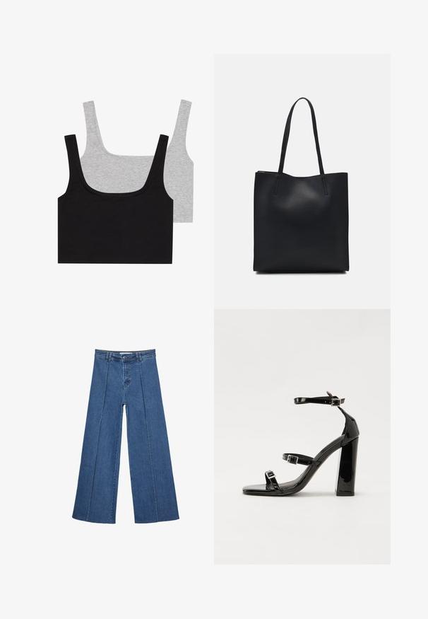 Dva topa brez rokavov iz mešanice bombaža: eden črn in eden sivo, oba z rebrasto teksturo in širokimi naramnicami, z okroglo izrezom in udobnim krojem.; Jeans širokih nogavic v srednji modri barvi, z visokim pasom, gumbom in kontrastnimi navpičnimi šivi spredaj.; Črne lakirane sandale s peto, kvadratnim prstom, trakovi okrog gležnja in srebrnimi zaponkami. Opremljene so s stabilno Debelo peto.; Črna usnjena torba s svilnato teksturo, pravokotne oblike in dvema dolgima ročajema. Brez vidnih metalnih delov ali okrasnih elementov.